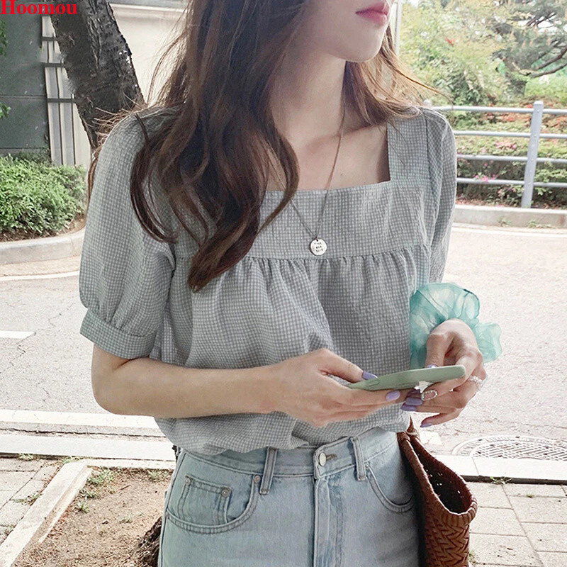 Korean Women Retro Check Square Neck Puff Sleeve Loose Casual Tops Shirts Blouse